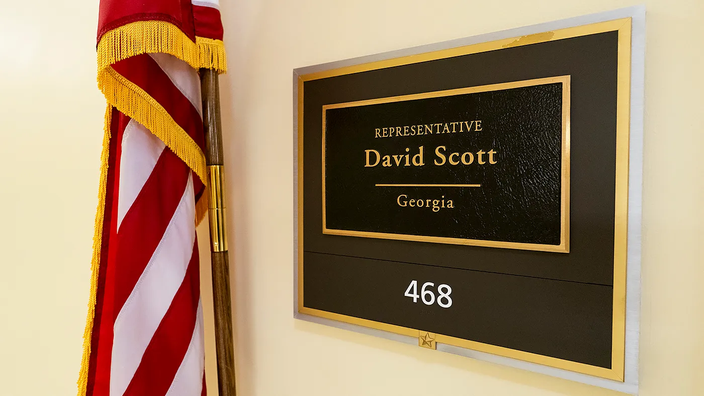 A placard for Rep. David Scott (D-Ga.) is seen outside his office at the Cannon House Office Building in Washington, D.C., on April 22, 2026.