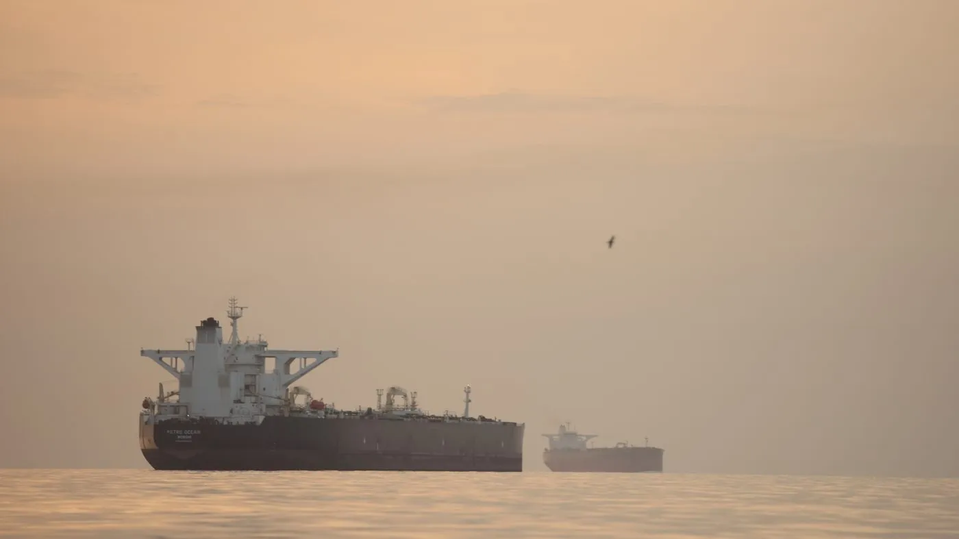 Tankers anchored in the Strait of Hormuz off the coast of Qeshm Island, Iran, Saturday, April 18, 2026. (AP Photo/Asghar Besharati)