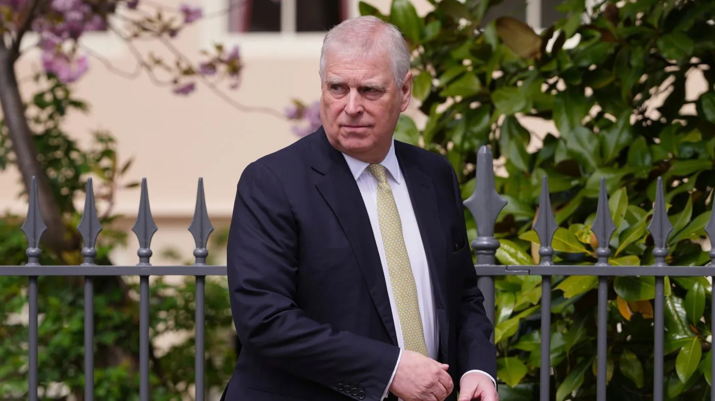 FILE – Britain’s Andrew Mountbatten-Windsor, formerly known as Prince Andrew, looks round as he leaves after attending the Easter Matins Service at St. George’s Chapel, Windsor Castle, England, April 20, 2025. (AP Photo/Kirsty Wigglesworth, File)