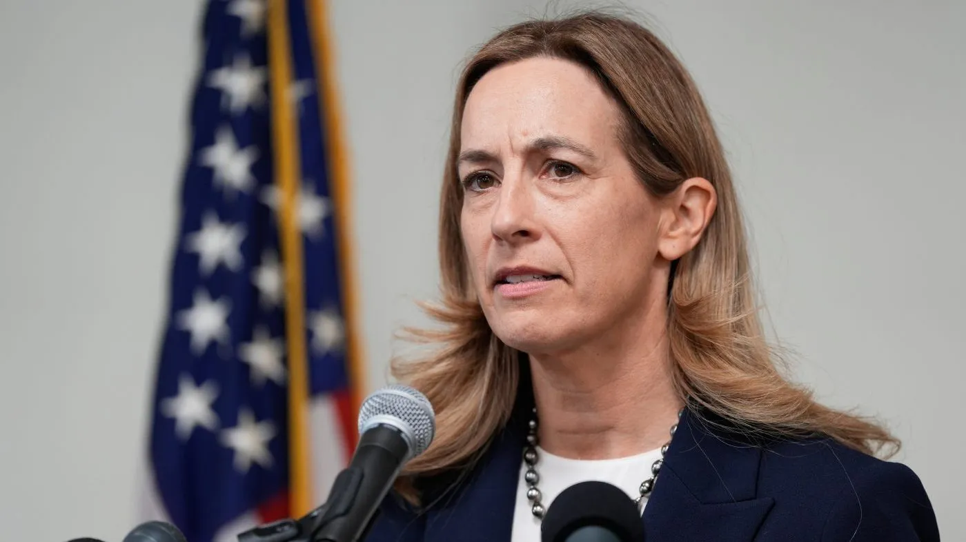 New Jersey Gov. Mikie Sherrill talks to reporters during a news conference, in Trenton, N.J., Nov. 5, 2025.