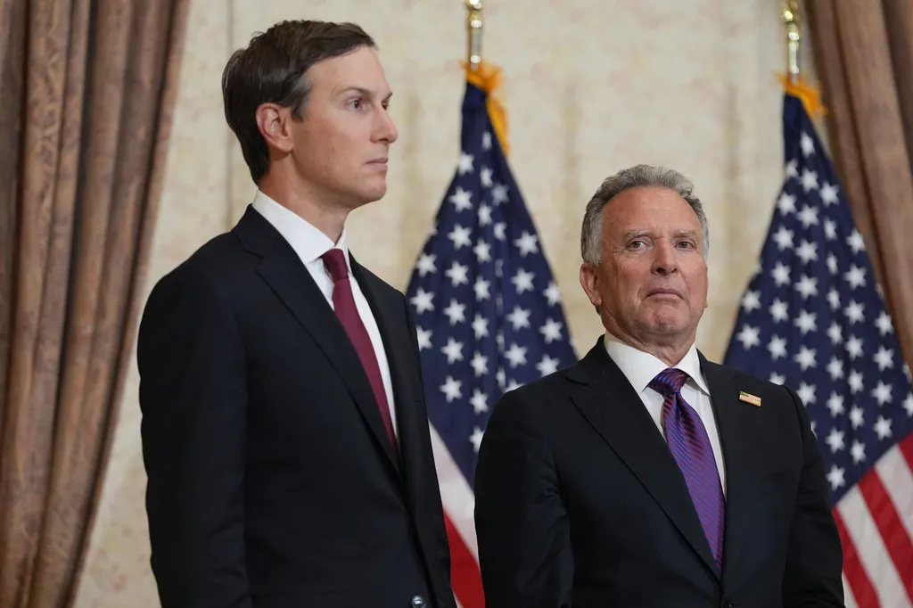 Jared Kushner, left, and Steve Witkoff, special envoy for peace missions, listen as Vice President Vance speaks during a news conference after meeting with representatives from Pakistan and Iran, April 12, 2026, in Islamabad, Pakistan.