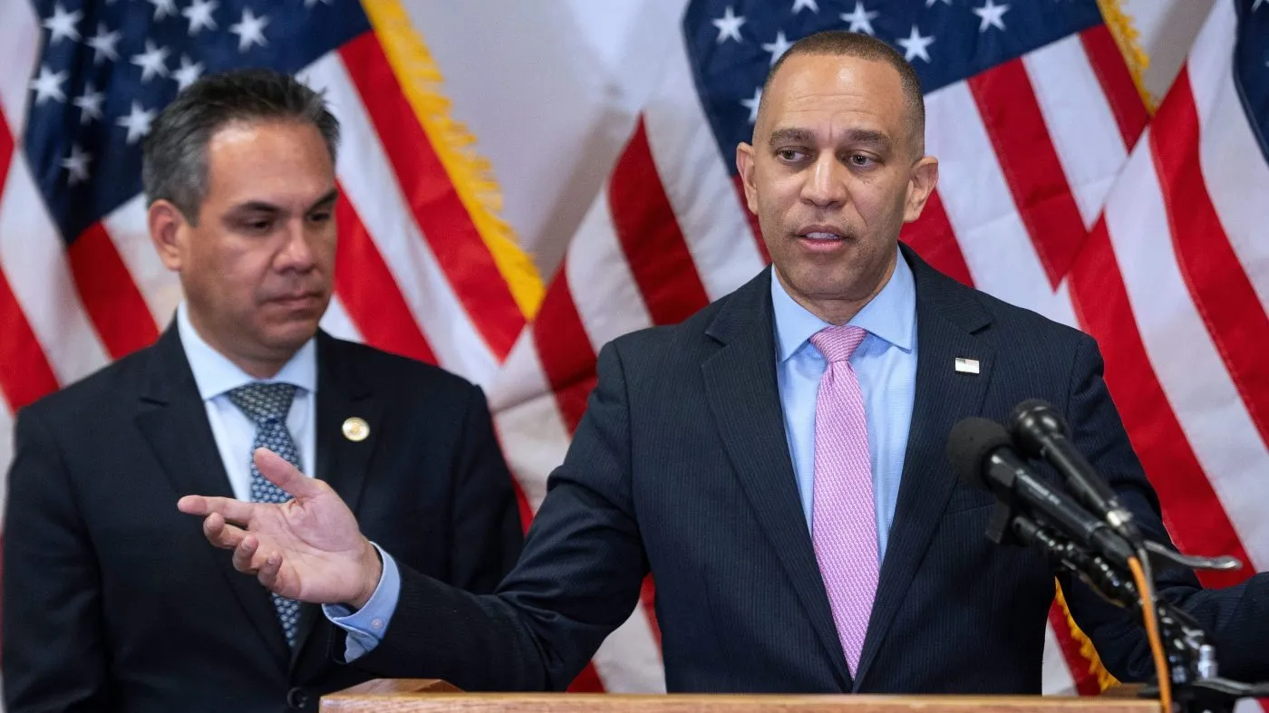 House Minority Leader Hakeem Jeffries, D-N.Y., center, speaks about Virginia’s redistricting vote as House Democratic Caucus Chairman Pete Aguilar, D-Calif., left, and House Democratic Whip Katherine Clark, D-Mass., right, look on, at the Democratic National Committee headquarters in Washington, Wednesday, April 22, 2026. (AP Photo/Cliff Owen)