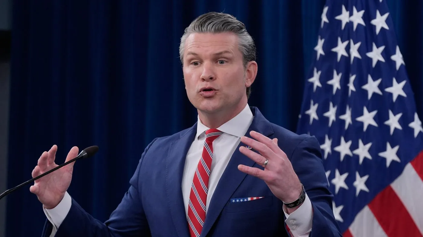 Defense Secretary Pete Hegseth speaks to members of the media during a press briefing at the Pentagon in Washington, Tuesday, May 5, 2026. (AP Photo/Manuel Balce Ceneta)