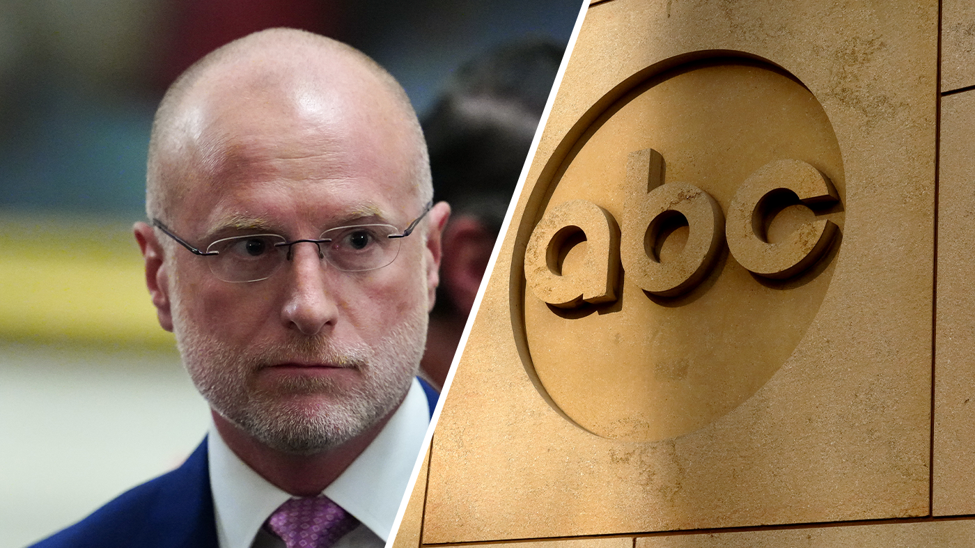 Federal Communications Commission Chair Brendan Carr and the corporate logo for the ABC television network hangs on the side of their corporate headquarters.