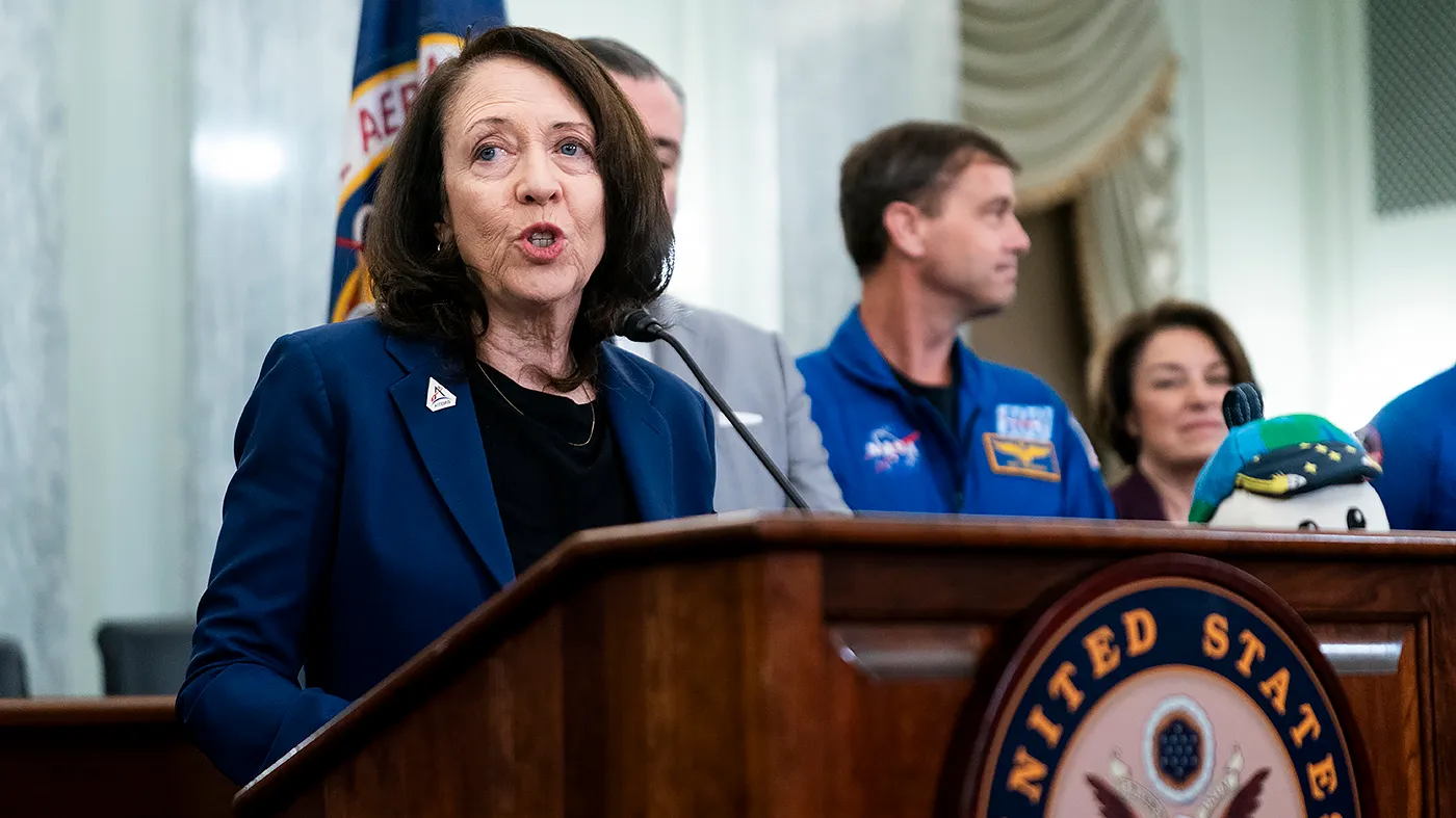 Sen. Maria Cantwell (D-Wash.) speaks during a reception with members of the Senate Commerce, Science, and Transportation Committee on Tuesday, May 12, 2026 at the U.S. Capitol in Washington, D.C., to celebrate last month’s successful mission.