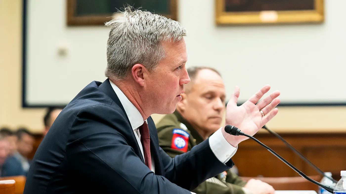 Army Secretary Daniel Driscoll answers a question during a House Armed Services Committee hearing to discuss the F.Y. 2027 budget for the Army on Friday, May 15, 2026.