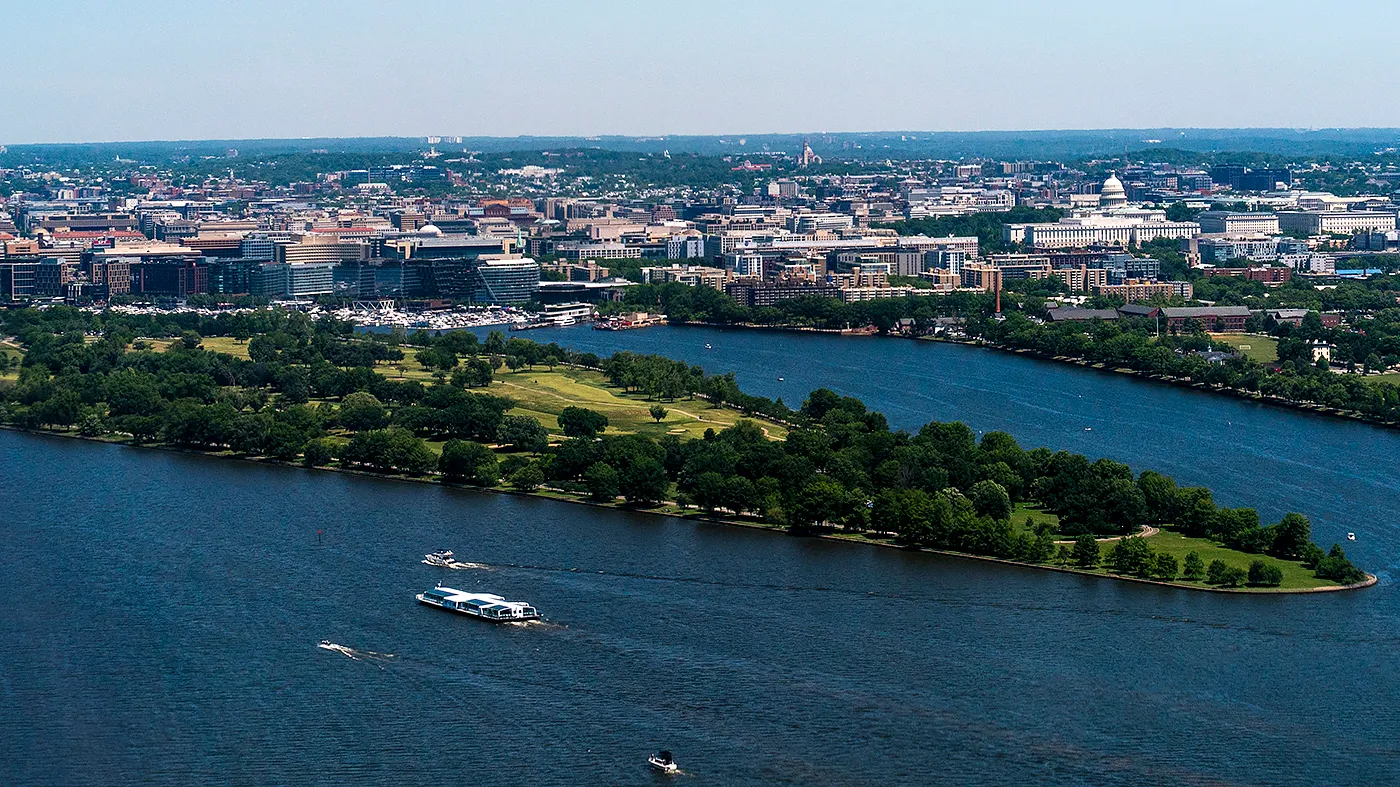 Hains Point and the East Potomac Golf Links in Washington, D.C., is seen from overhead on, May 16, 2026.