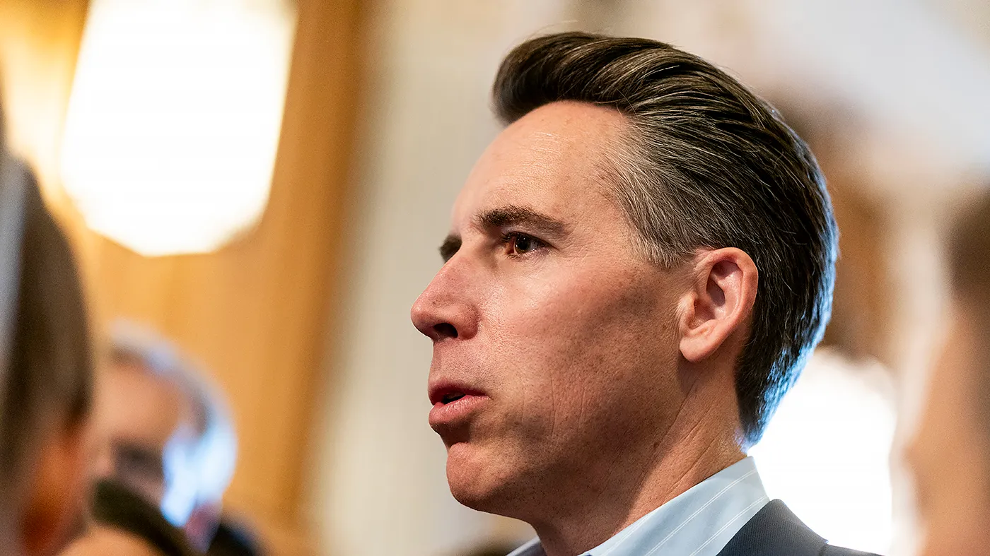 Sen. Josh Hawley (R-Mo.) speaks to reporters during outside the Senate Chamber during a series of nomination votes including a procedural vote for Federal Reserve Chairman nominee Kevin Warsh on Monday, May 11, 2026.