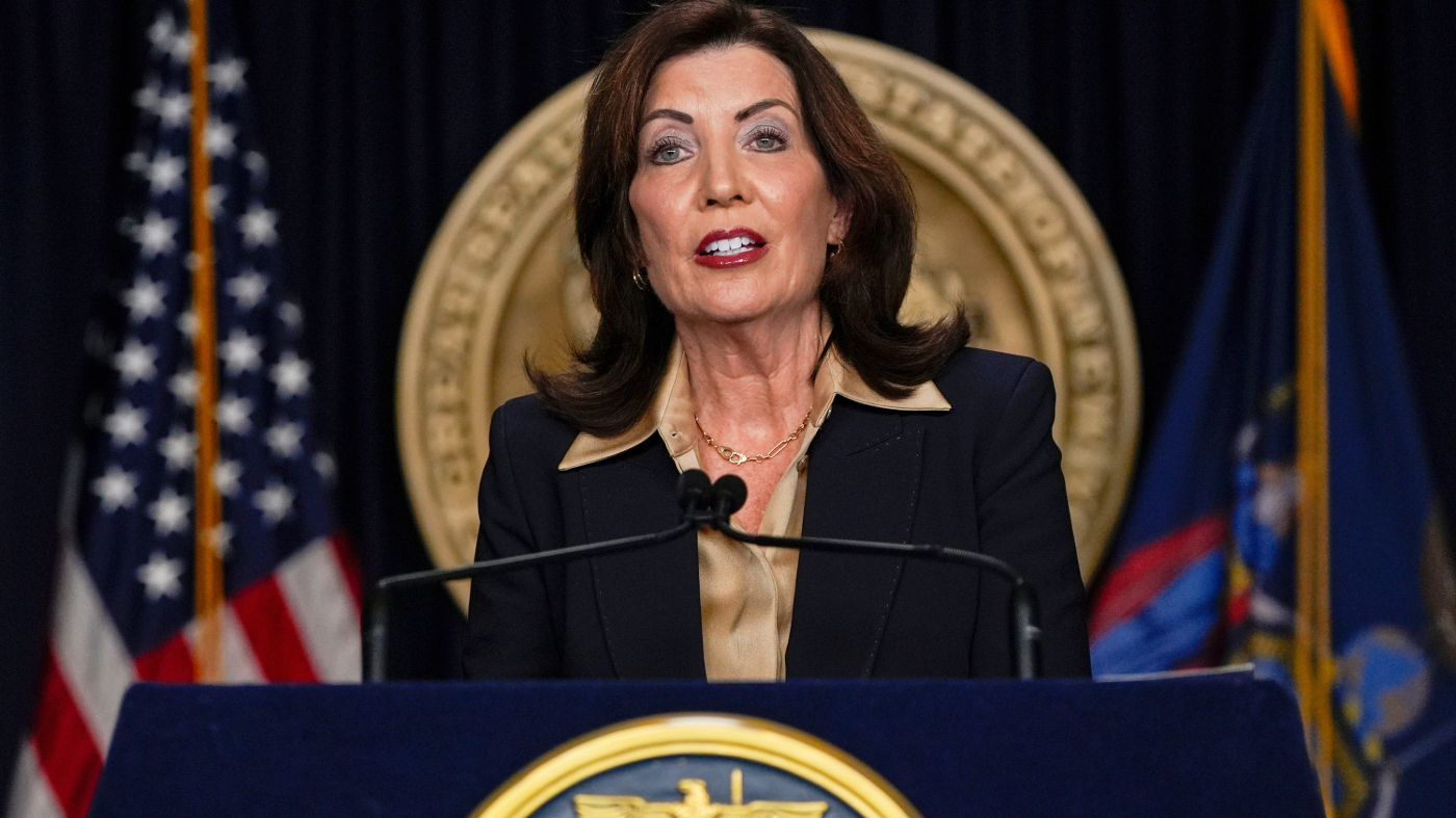 New York Gov. Kathy Hochul speaks at a news conference, Feb. 20, 2025, in New York.