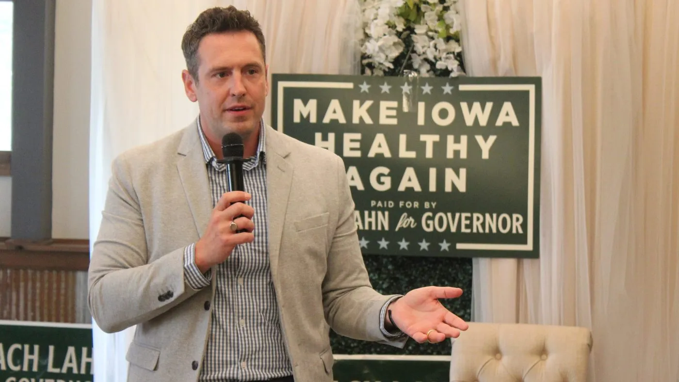 Zach Lahn, Republican candidate for Iowa governor, speaks during a campaign event on May 28, 2026, in Newton, Iowa.