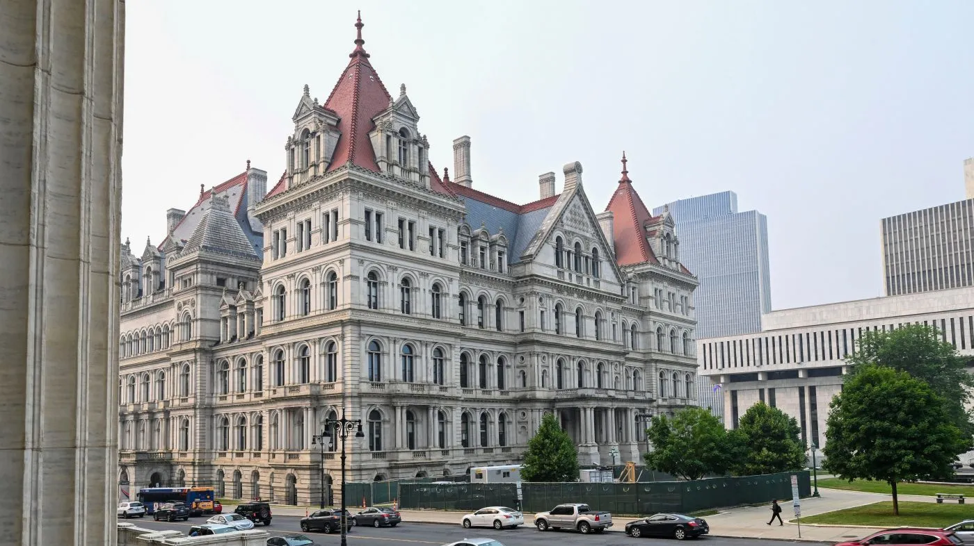 The New York State Capitol is seen from the steps of the State Education Building in Albany, N.Y., on June 7, 2023.
