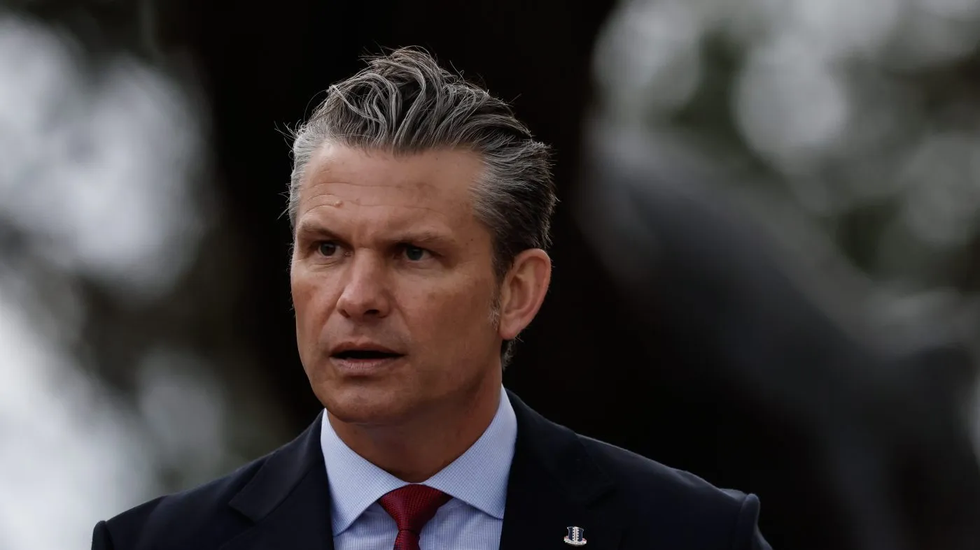 U.S. Defense Secretary Pete Hegseth delivers a speech at the U.S. cemetery to commemorate the 82nd anniversary of the D-Day landings, in Colleville-sur-Mer, Normandy, France, June 6, 2026.