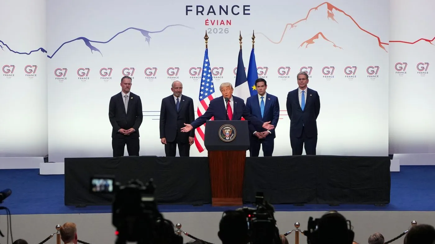 U.S. President Trump, center, speaks as he is flanked by, from left, U.S Trade Representative Jamieson Greer, U.S. Secretary of Commerce Howard Lutnick, United States Secretary of State Marco Rubio and U.S. Treasury Secretary Scott Bessent during a media conference at the end of the G7 summit in Évian-les-Bains, France, June 17, 2026.