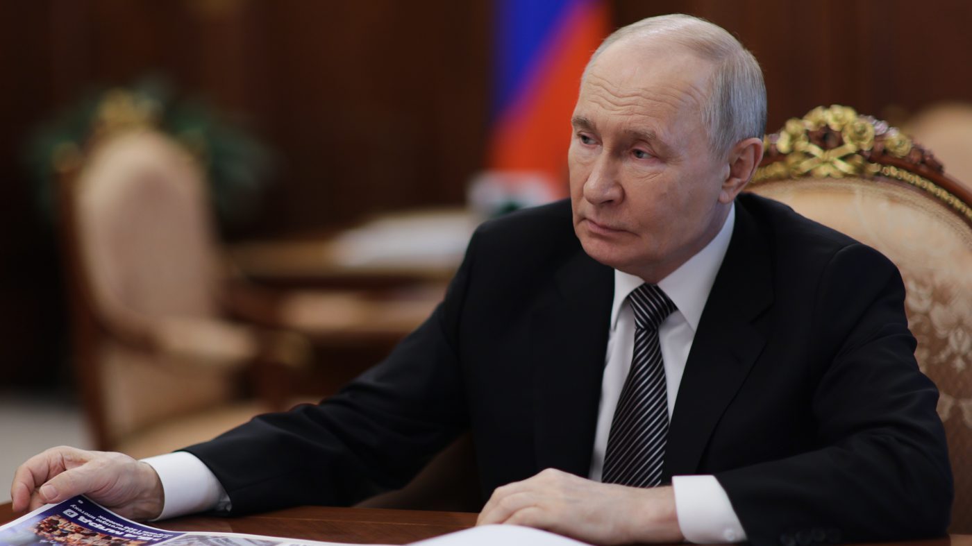 Russian President Vladimir Putin listens to the Governor of the Kursk Region Alexander Khinshtein during their meeting at the Kremlin in Moscow, Tuesday, June 30, 2026. (Gavriil Grigorov/Sputnik, Kremlin Pool Photo via AP)