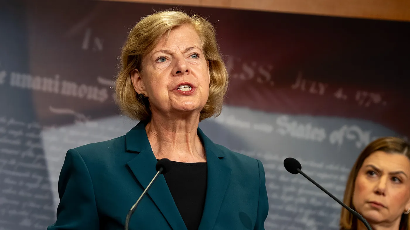 Sen. Tammy Baldwin (D-Wis.) addresses reporters during a press conference on June 18, 2026, to discuss the Protect our Polls Act.