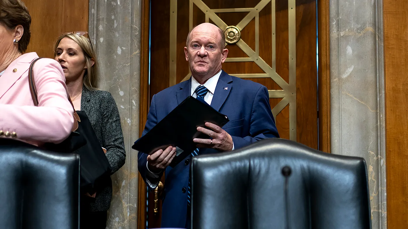 Sen. Chris Coons (D-Del.) arrives for a Senate Foreign Relations Committee hearing to discuss the F.Y. 2027 budget for the Department of State with Secretary Marco Rubio on Tuesday, June 2, 2026.