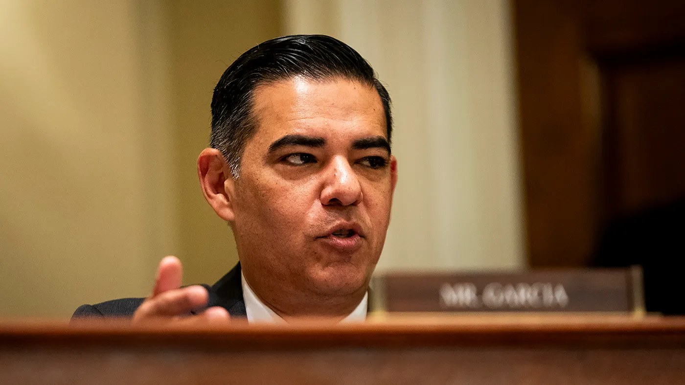 Rep. Robert Garcia (D-Calif.) gives an opening statement during a House Administration Committee hearing to investigate fraudulent donations through ActBlue on June 10, 2026.