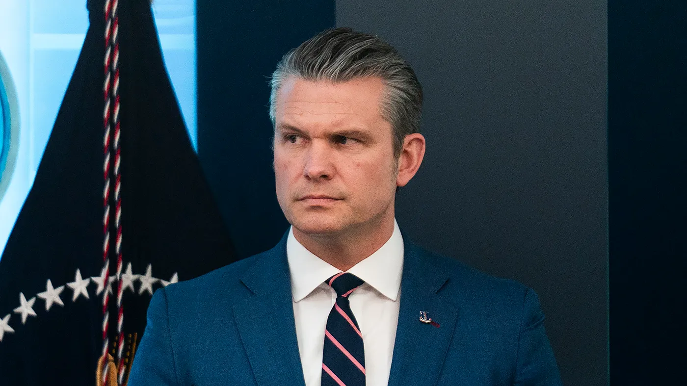 Defense Secretary Pete Hegseth is seen in the Briefing Room at the White House in Washington, D.C., during a press conference to discuss the war in Iran with President Trump on April 6, 2026.