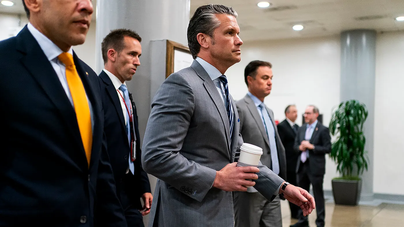 Defense Secretary Pete Hegseth walks through the basement of the U.S. Capitol in Washington, D.C., to a meeting with Sen. John Barrasso (R-Wyo.) on June 16, 2026.