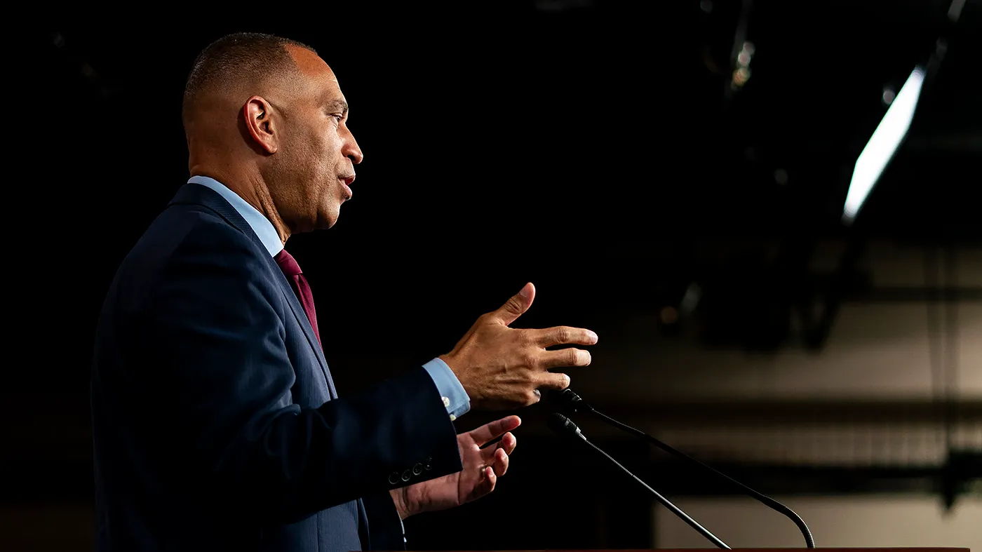 House Minority Leader Hakeem Jeffries (D-N.Y.) addresses reporters during a press conference on June 29, 2026. Jeffries discussed affordability, Iran, recent election results in New York and other topics.