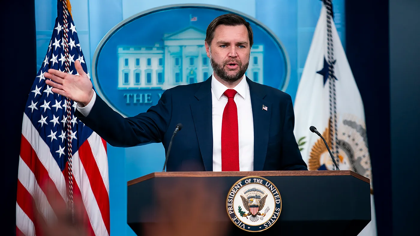 Vice President Vance addresses reporters during a press briefing to discuss the memo of understanding with Iran in the Briefing Room at the White House in Washington, D.C., on Thursday, June 18, 2026.