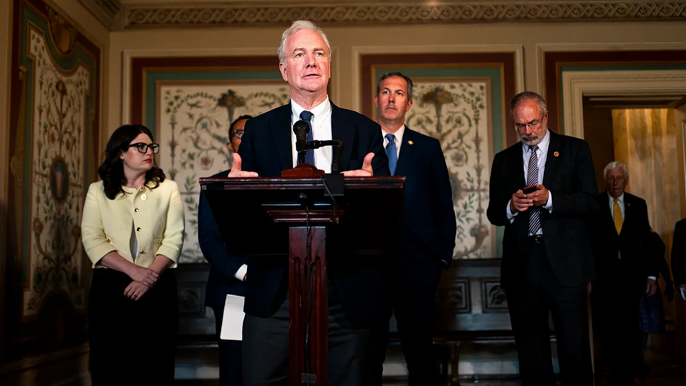 Sen. Chris Van Hollen (D-Md.) addresses reporters following a Maryland congressional delegation meeting with Gov. Wes Moore (D) at the U.S. Capitol on Thursday, June 25, 2026.