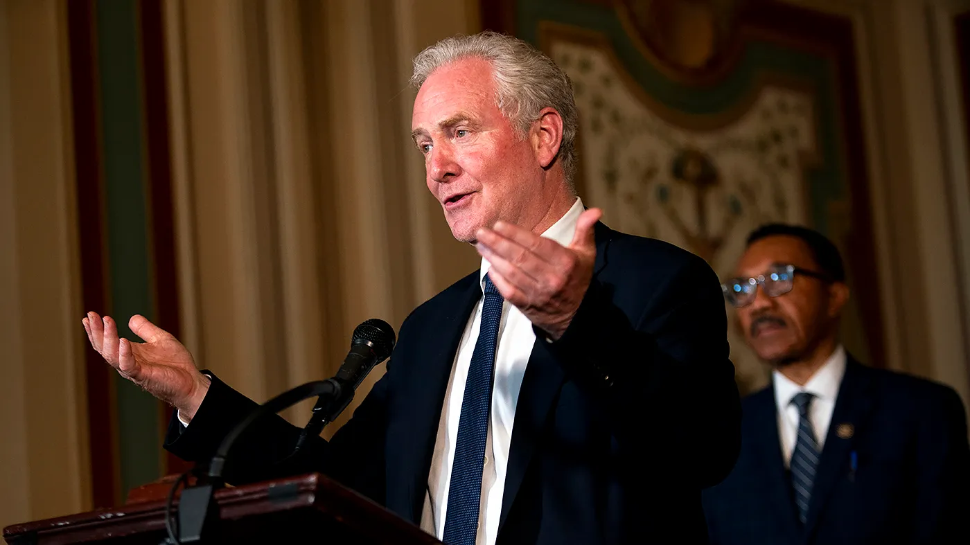 Sen. Chris Van Hollen (D-Md.) addresses reporters following a Maryland congressional delegation meeting with Gov. Wes Moore (D) at the U.S. Capitol on Thursday, June 25, 2026.