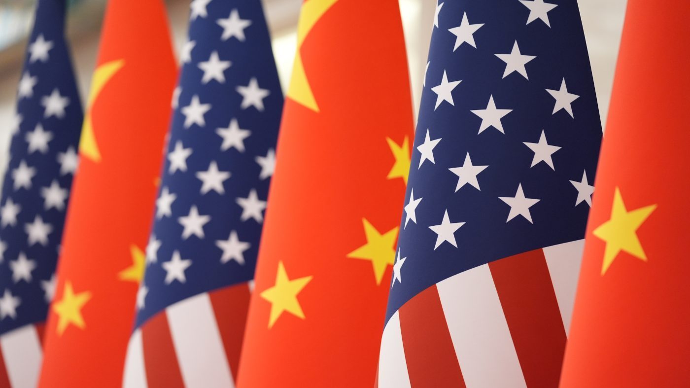 The U.S. and Chinese flags at the Great Hall of the People prior to the state dinner of President Trump and Chinese President Xi Jinping on May 14, 2026, in Beijing.