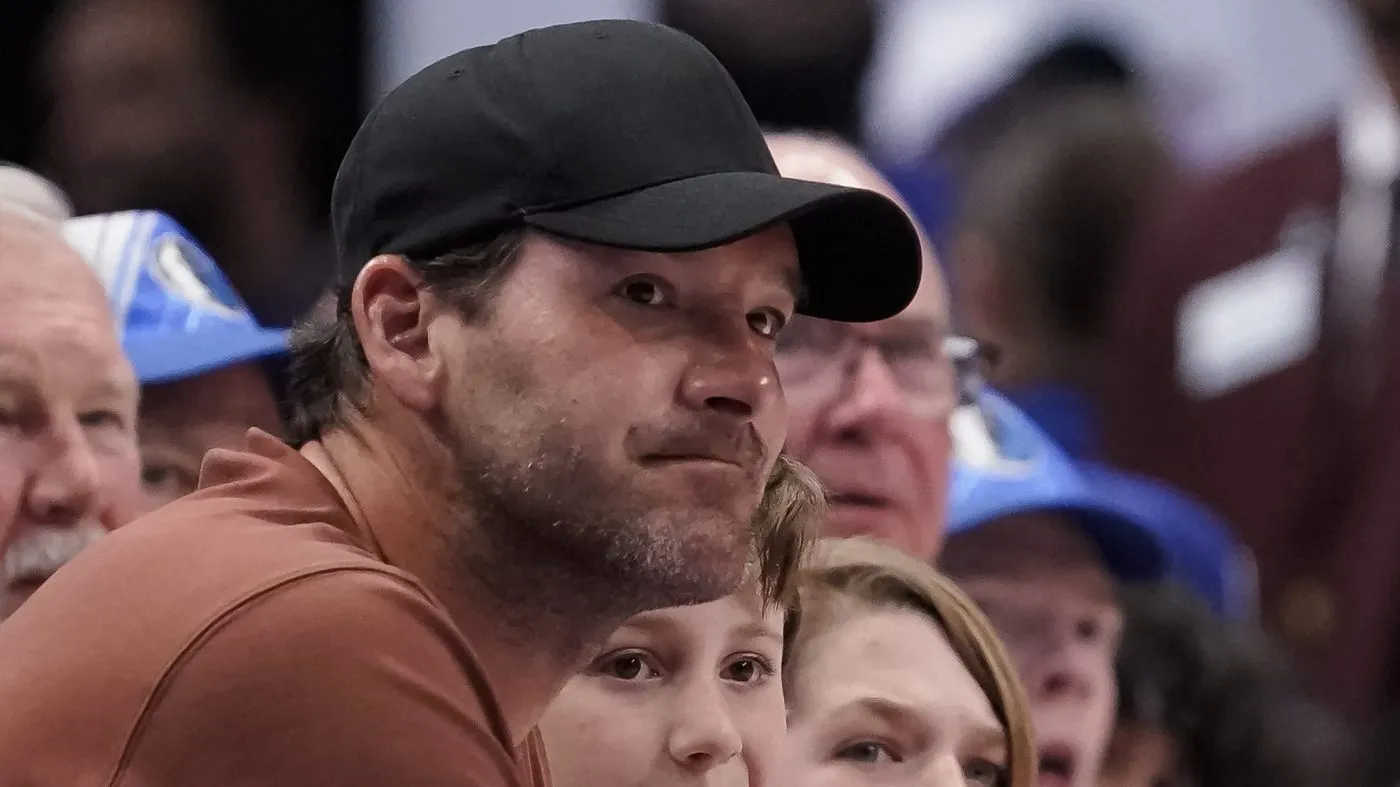 Former Dallas Cowboys quarterback Tony Romo watches play during the first half of an NBA basketball game between the Dallas Mavericks and the Sacramento Kings in Dallas,, April 5, 2023.