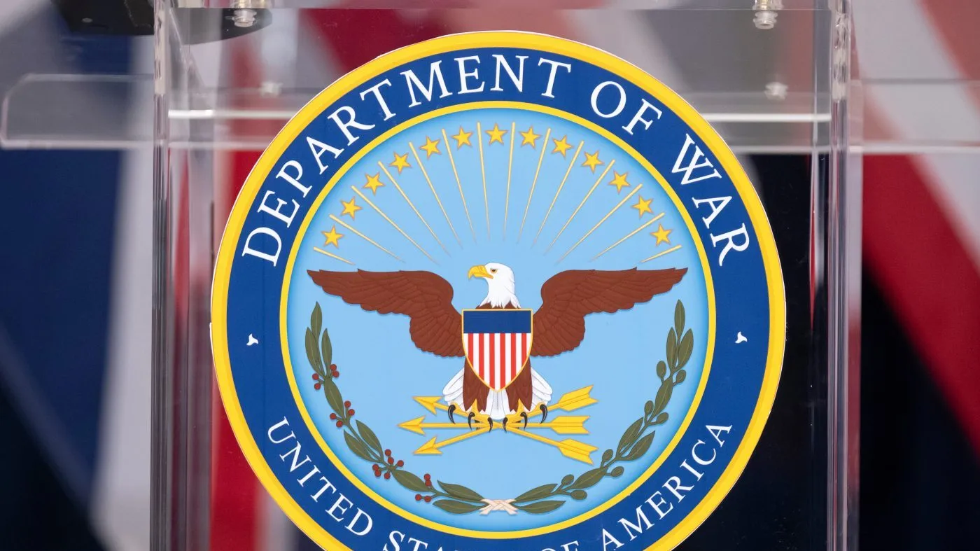 The seal is seen on a podium at the Pentagon, Dec. 10, 2025, in Washington, before Defense Secretary Pete Hegseth speaks.