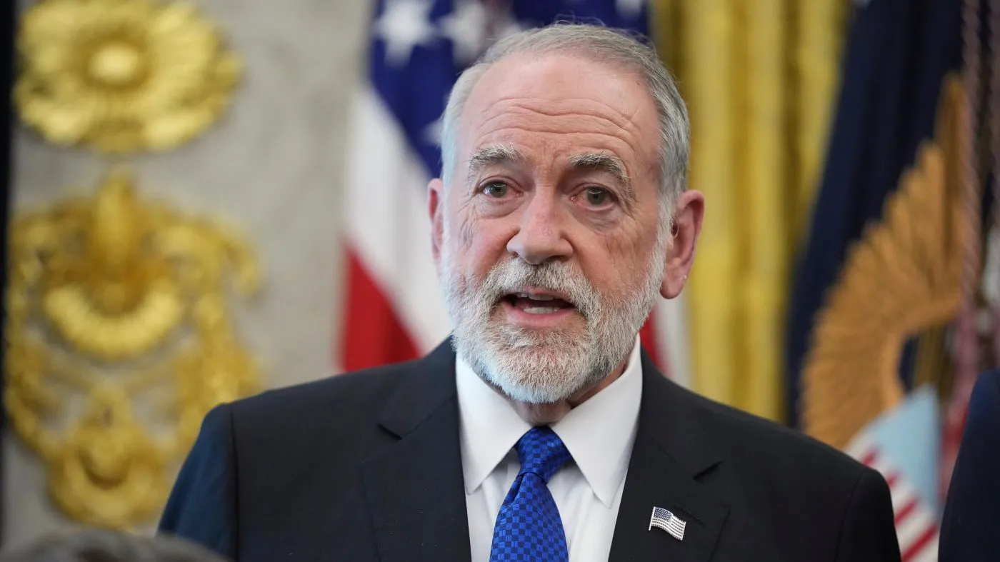 U.S. Ambassador to Israel Mike Huckabee speaks during a meeting between the ambassadors of Israel and Lebanon in the Oval Office at the White House, Thursday, April 23, 2026, in Washington. (AP Photo/Mark Schiefelbein)