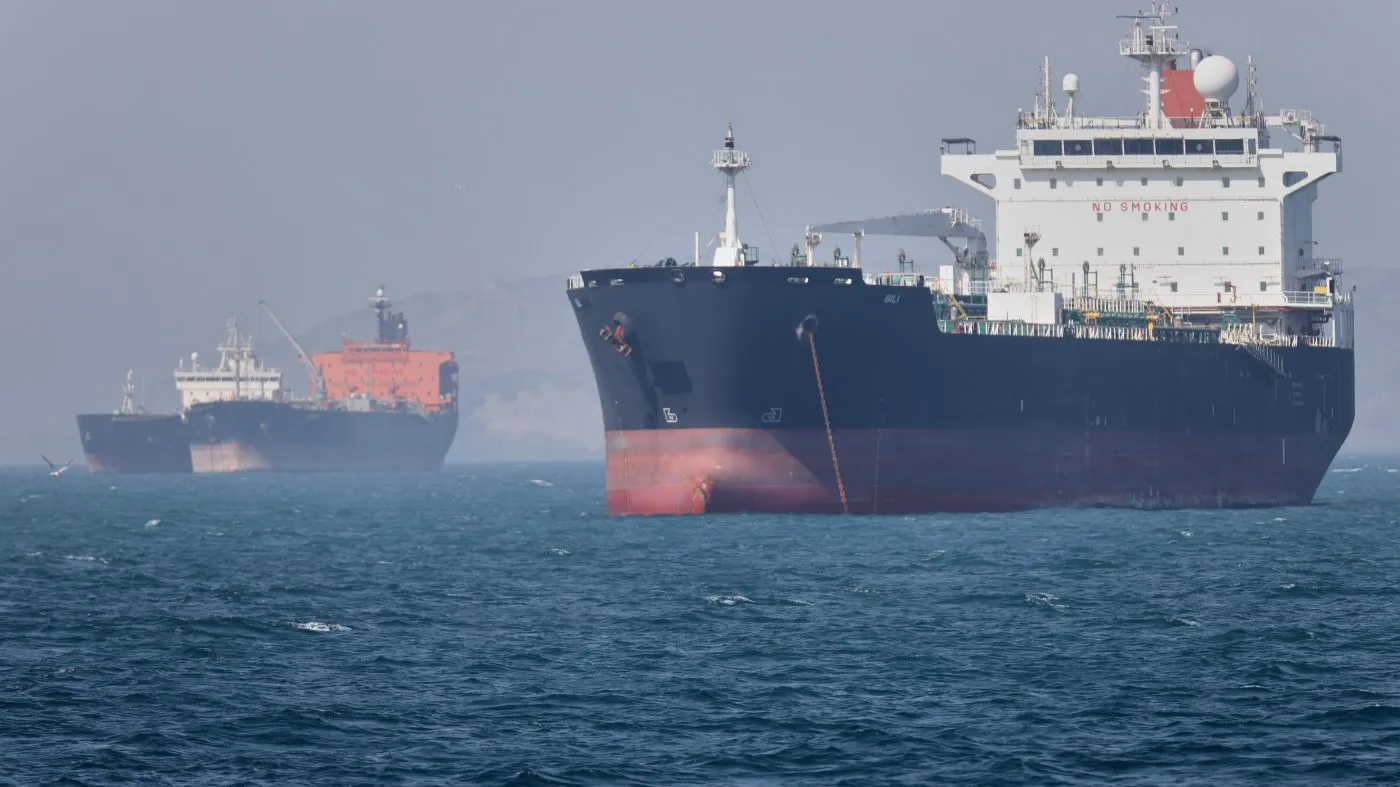 Oil tankers sit at anchor offshore in the Strait of Hormuz off Bandar Abbas, Iran, May 2, 2026.
