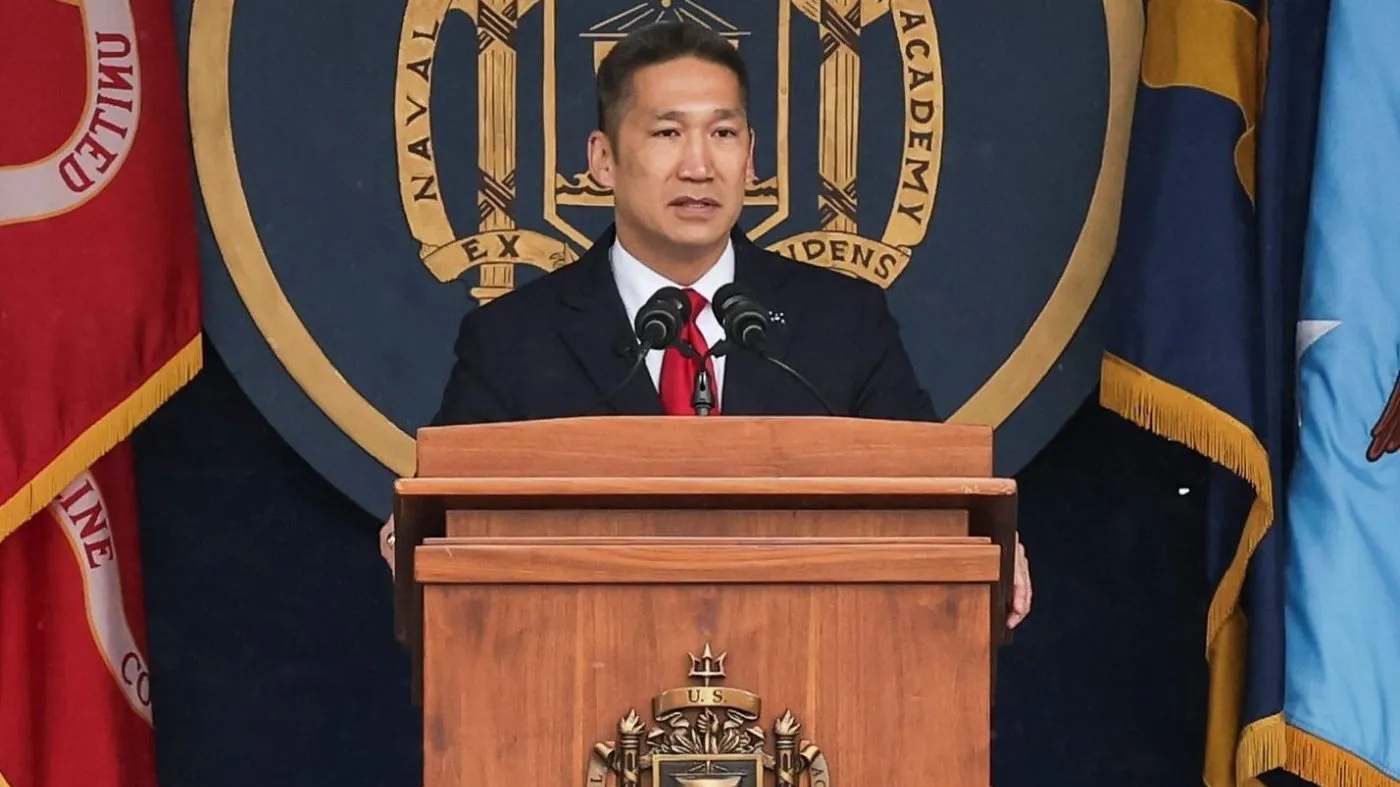 Acting Secretary of the Navy Hung Cao speaks during the U.S. Naval Academy’s graduation and commissioning ceremony, at the U.S. Naval Academy, May 22, 2026, in Annapolis, Md.