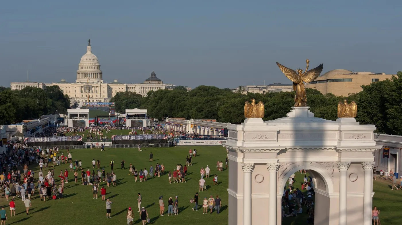 The U.S. Capitol and a model of President Trump’s proposed Triumphal Arch are seen at the Great American State Fair, July 3, 2026, on the National Mall in Washington.