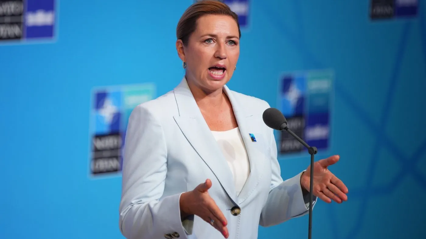 Denmark’s Prime Minister Mette Frederiksen speaks as she arrives for the NATO summit in Ankara, Turkey, Wednesday, July 8, 2026. (AP Photo/Emrah Gurel)