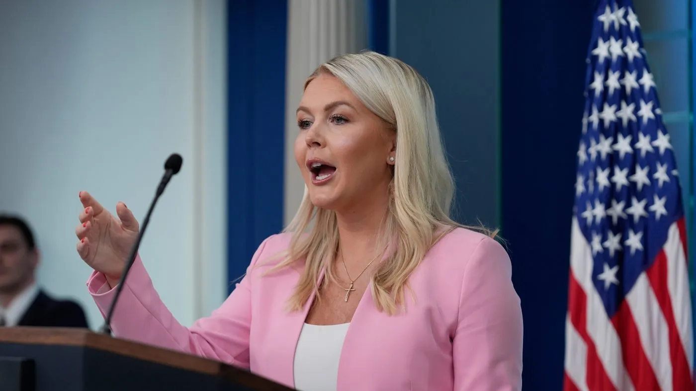 White House press secretary Karoline Leavitt speaks with reporters in the James Brady Press Briefing Room at the White House, July 16, 2026, in Washington.
