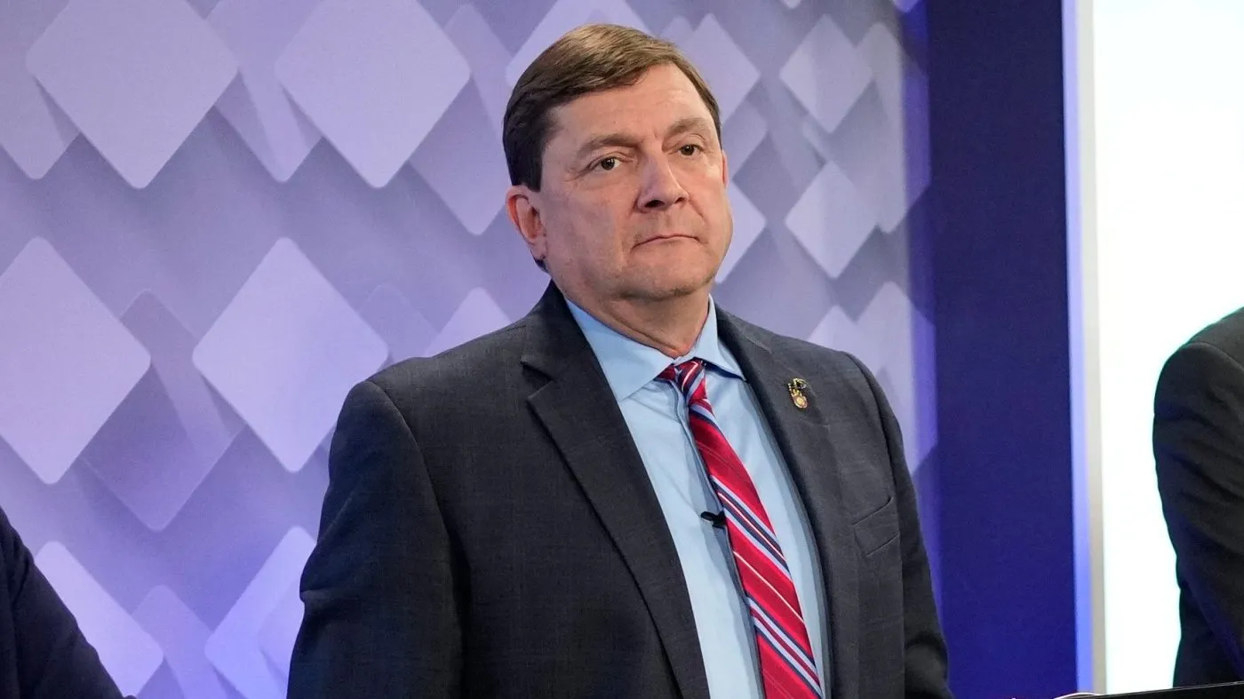 Troy Jackson prepares for a televised debate at the WCSH-6 studio, July 16, 2026, in Portland, Maine.