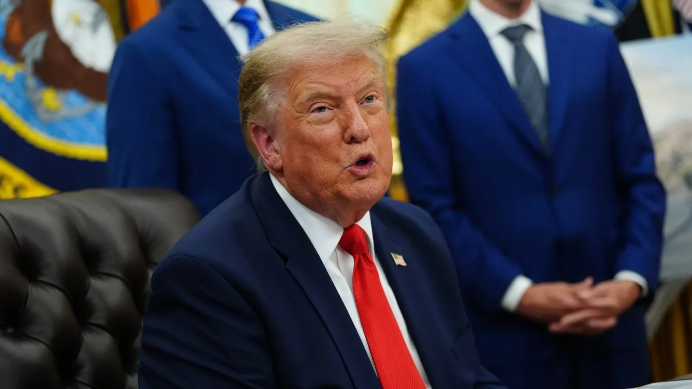President Trump speaks in the Oval Office of the White House about Dulles International Airport modernization, July 29, 2026, in Washington.