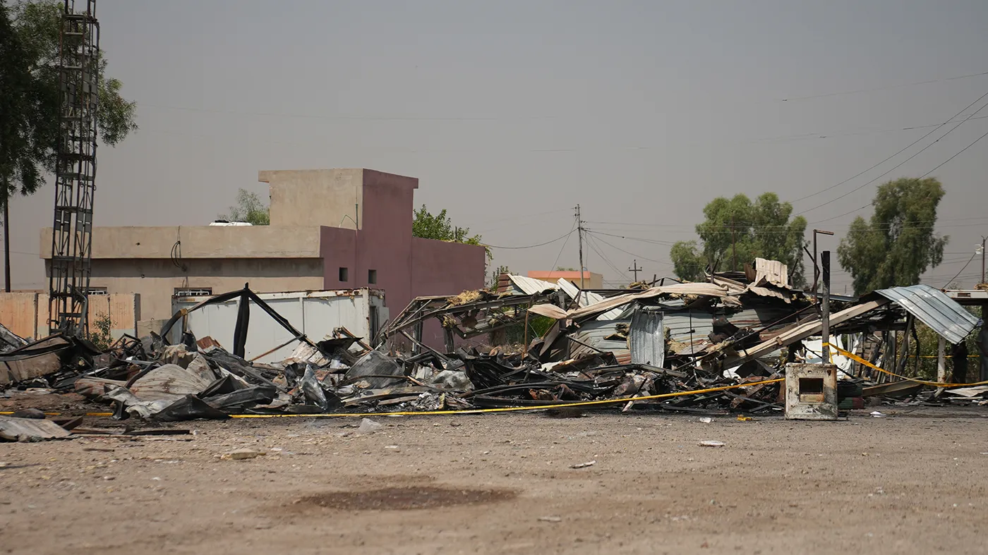 Damaged structures at the site of an airstrike on a Popular Mobilization Forces base in Mosul, Iraq, July 29, 2026.