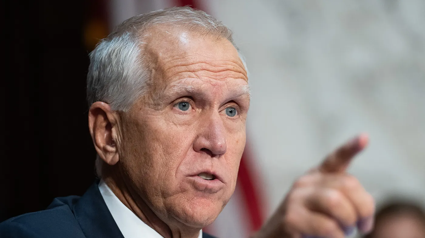 Sen. Thom Tillis (R-N.C.) speaks during a Senate Judiciary Committee hearing with Acting Attorney General Todd Blanche on Capitol Hill in Washington, July 15, 2026. (Allison Robbert, Associated Press)