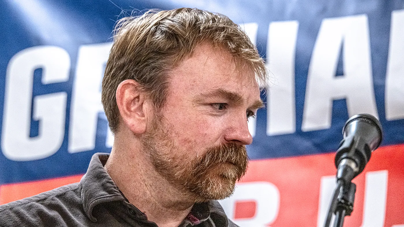 Former Democratic Senate nominee Graham Platner speaks to voters at a town hall at the Elks Lodge 188 on June 7, 2026, in Portland, Maine.