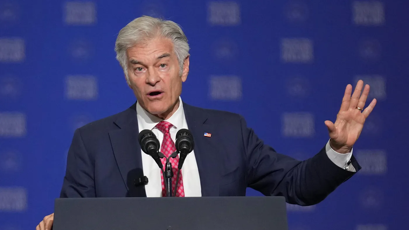 Dr. Mehmet Oz, the Centers for Medicare and Medicaid Services administrator, speaks before Vice President Vance at the Wisconsin Air National Guard facility at Milwaukee Mitchell International Airport, on July 8, 2026, in Milwaukee.