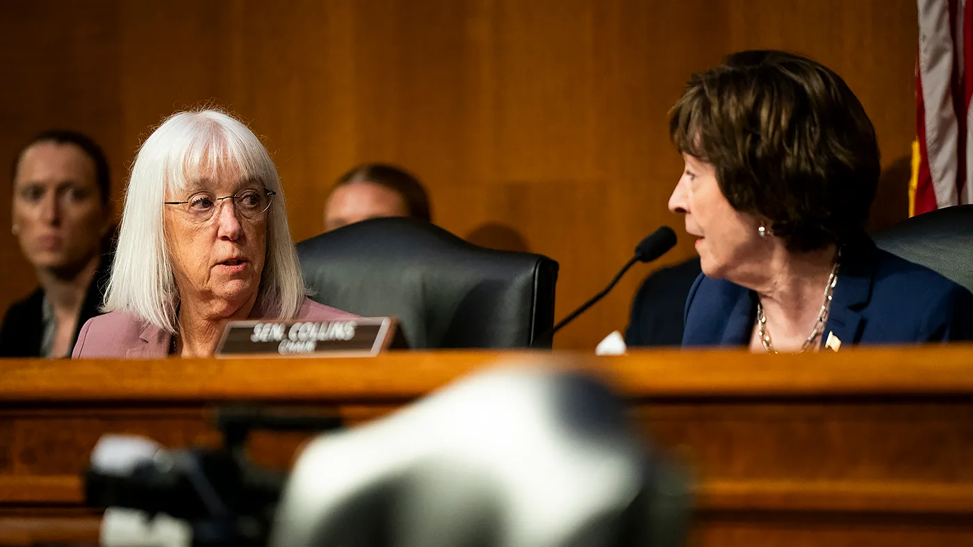 Sen. Patty Murray (D-Wash.) speaks with Senate Appropriations Committee Chairman Susan Collins (R-Maine) at the end of a hearing to review of the President’s supplemental funding request on Tuesday, July 21, 2026.