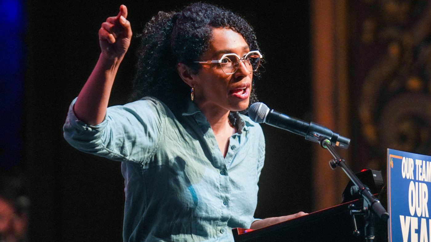 Democratic congressional candidate Darializa Avila Chevalier speaks during a Get Out The Vote rally ahead of New York’s primary election, June 18, 2026, in the Brooklyn borough of New York.
