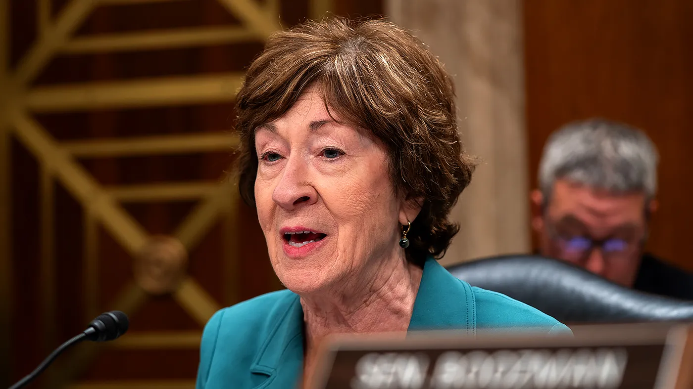 Sen. Susan Collins (R-Maine) asks questions during a Senate Appropriations subcommittee hearing for the fiscal 2027 budget request for the Supreme Court at the Capitol in Washington, D.C., on July 14, 2026.