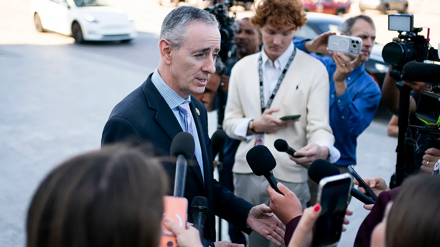 Rep. Brian Fitzpatrick (R-Pa.) speaks to reporters outside the Capitol following a series of votes including an Iran war powers resolution on June 3, 2026.