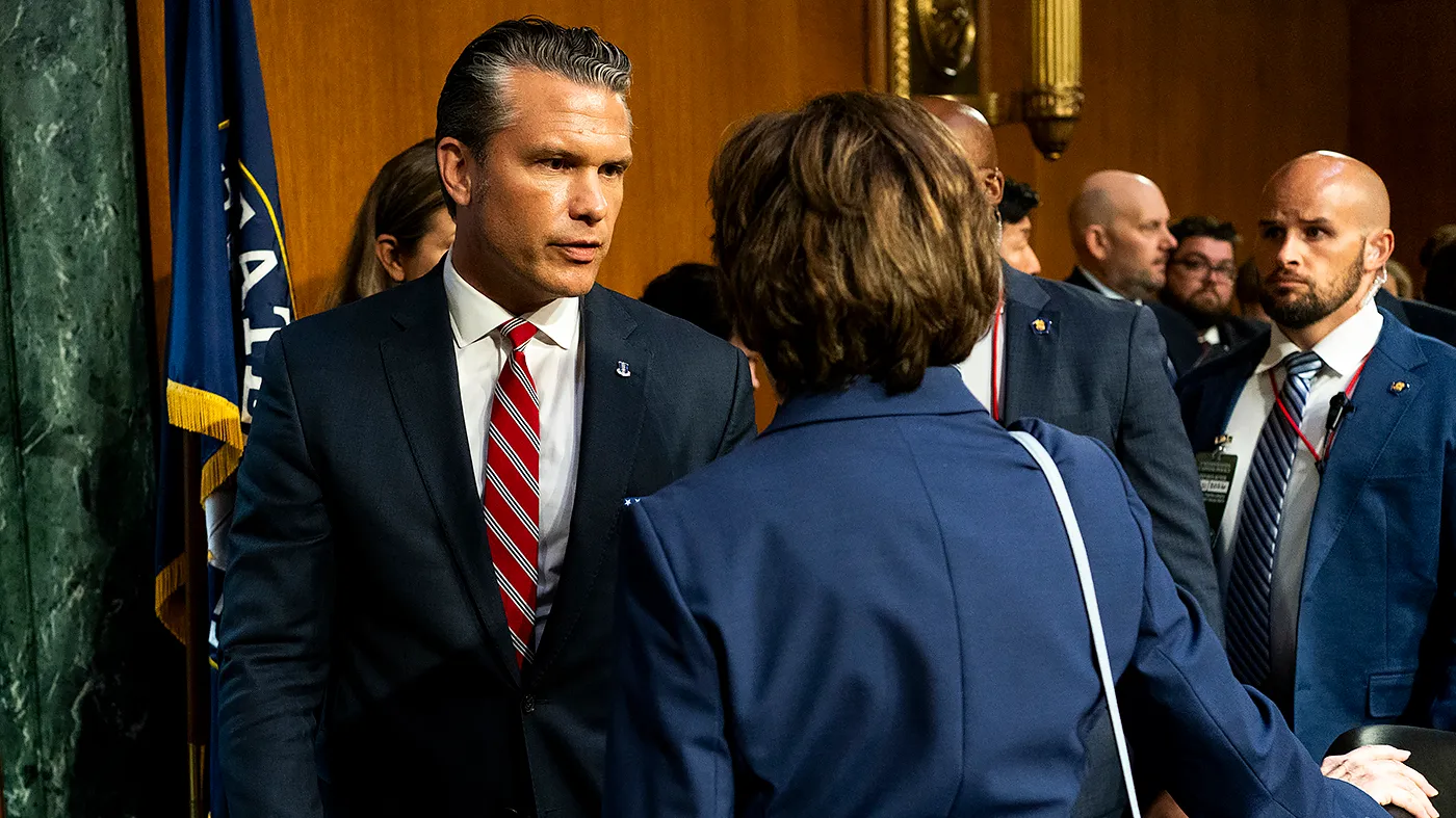 Defense Secretary Pete Hegseth greets Senate Appropriations Committee Chairman Susan Collins (R-Maine) following a hearing to review of the President’s supplemental funding request on Tuesday, July 21, 2026.