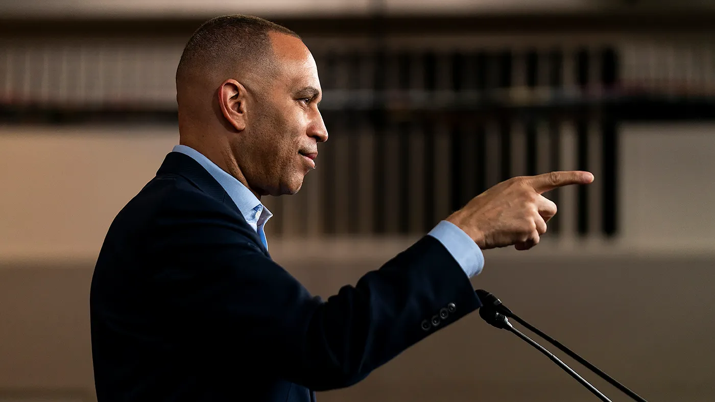 Minority Leader Hakeem Jeffries (D-N.Y.) points to a reporter for a question during a press conference on Monday, April 20, 2026