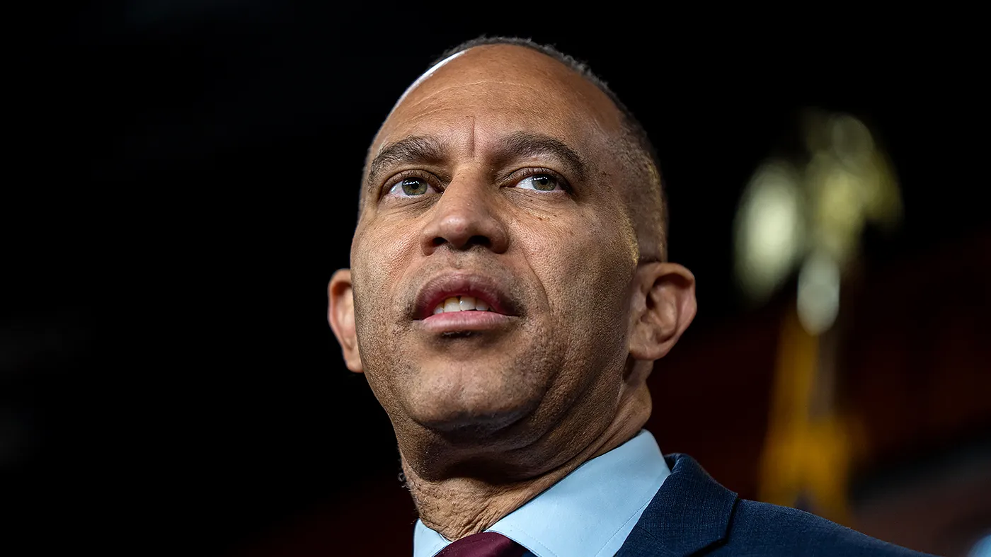 Minority Leader Hakeem Jeffries (D-N.Y.) is seen at a press conference after the last vote of the week on July 23, 2026, at the Capitol in Washington.