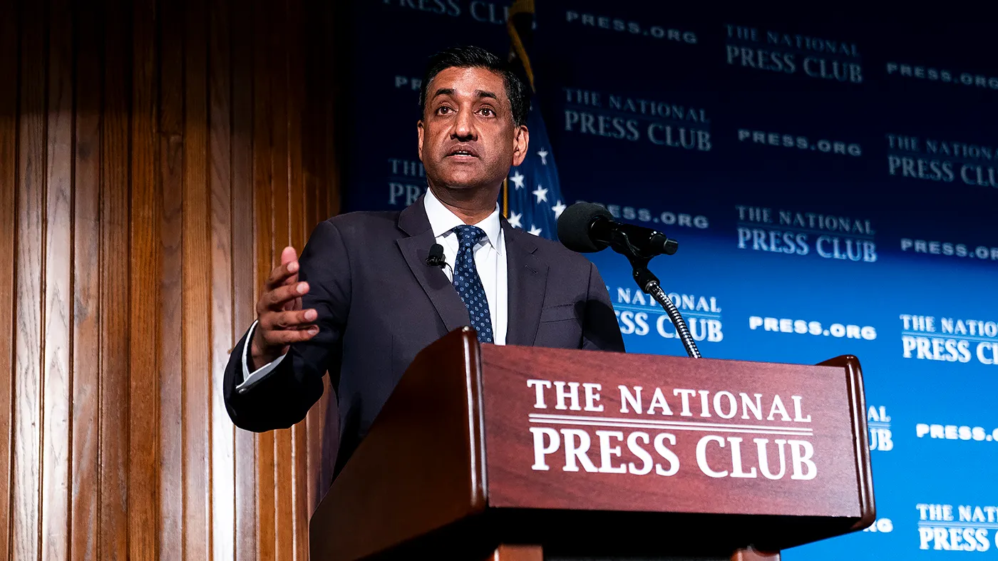 Rep. Ro Khanna (D-Calif.) gives remarks during a “Newsmakers” event at the National Press Club in Washington, D.C., on April 14, 2026.